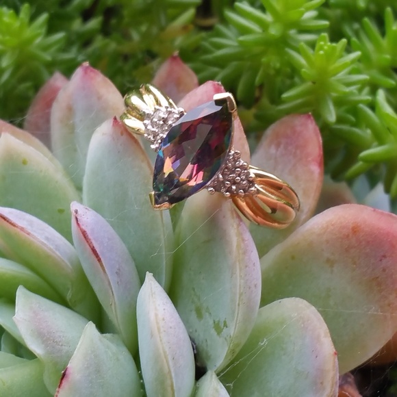 Estate Sale Jewelry - GORGEOUS MARQUISE MYSTIC TOPAZ AND DIAMOND RING